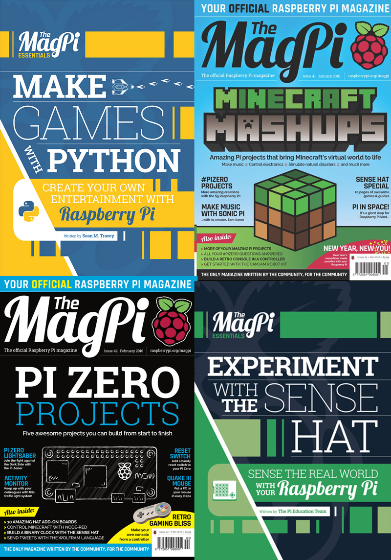 MagPi 41 – 42 i MagPi Essentials book (Sense Hat i Make Games with Python)